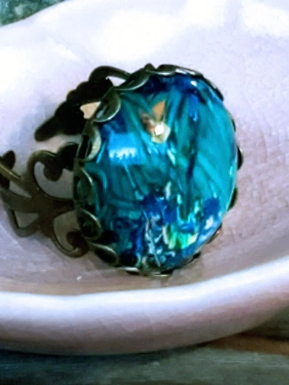 Vincent van Gogh Irises Famous Painting Art Glass Cabochon Bronze Filigree Ring
